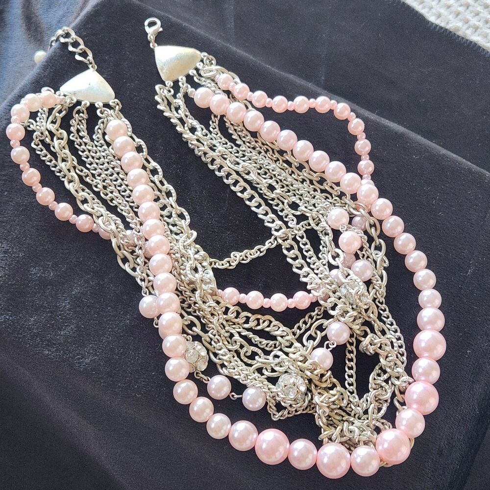 Fashion Bug Pearl Pink Silver 10 layer necklace